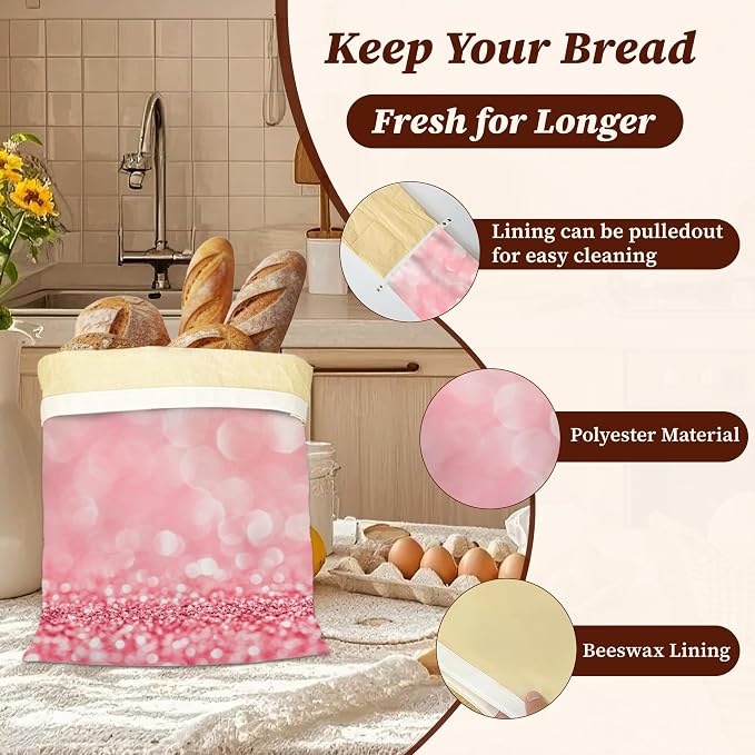 Beeswax Bread Bags, 2 Pack for Homemade Bread and Sourdough Storage | Pink Glitter, Reusable Polyester Bread Storage With Beeswax Coating And Snap Closures