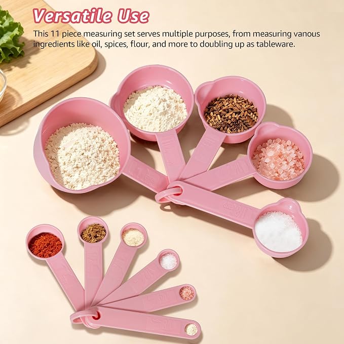 Set of Plastic Measuring Cups and Spoons, 11 Piece Nesting Measure Spoon Set with Metric and US Measurements, Fits for Measuring Dry and Liquid Dishwasher Safe