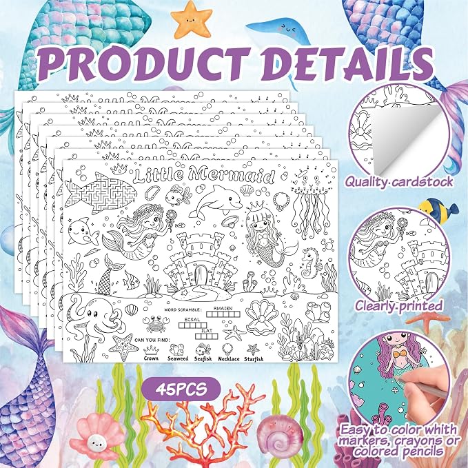 45pcs Mermaid Disposable Coloring Placemats Magical Mermaid Crafts for Kids Party Favors Coloring Poster Princess Birthday Party Supplies Classroom Activities Paper Table Mats