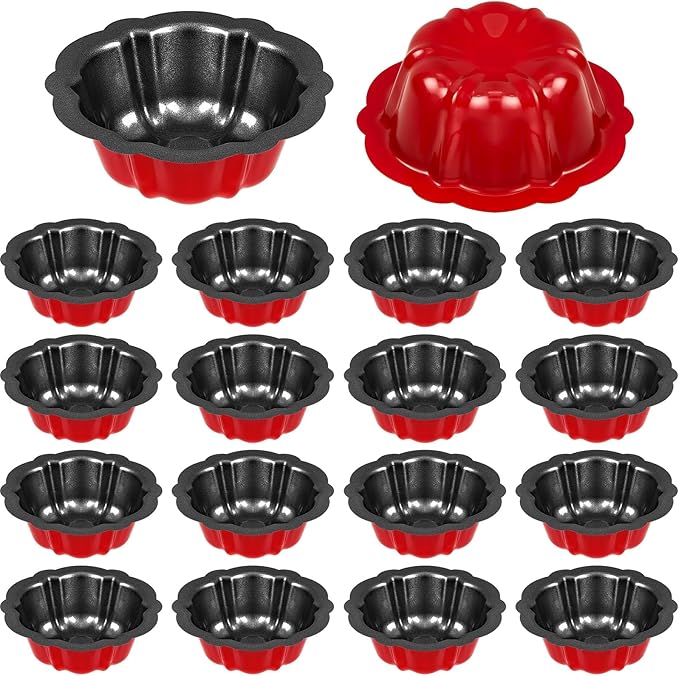 Ctosree 16 Pcs 4 Inches Fluted Mini Cake Pan Nonstick Fluted Cake Pan Carbon Steel Tube Metal Tube Oven Baking Mold with Flower Shape for Cupcake (Red)