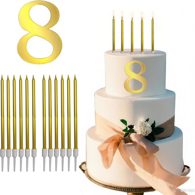 3.7IN Gold Acrylic Number 8 Cake Topper with 12 Gold Long Candles - Perfect for 8th Birthday Party Supplies, Ideal for Cake Decoration