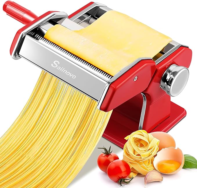 Sailnovo Pasta Maker Machine, 180 Roller Pasta Maker, 9 Adjustable Thickness Settings 2-in-1 Noodles Maker with Rollers and Cutter, Perfect for Spaghetti, Fettuccini, Lasagna or Dumpling Skin Red