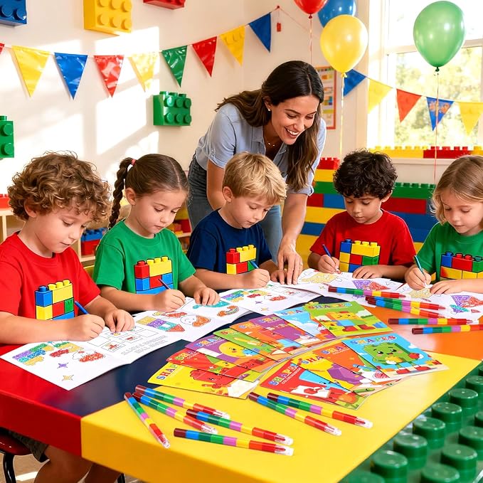 BenLouis 12 Building Block Mini Coloring Books Kids with 12 Stacking Crayons Geometric Shapes Party Favors Small Activity Books Bulk for Kids Building Party Gift Goodie Bag Stuffers