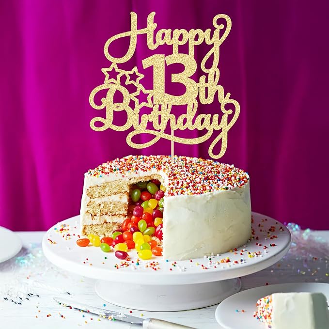 1 Pack Happy 13th Birthday Cake Topper Gold Glitter 13 Official Teenager Cheers to 13 Years Old Birthday Cake Pick for Celebrating 13th Birthday Anniversary Party Cake Decorations Supplies