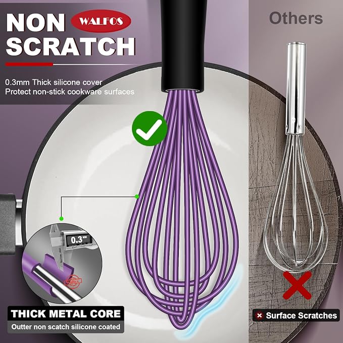 Walfos Whisk, Silicone Whisks Set of 5, Mini Stainless Steel Whisk 7+5in & Non Scratch Coated 7+9+11in Whisks, Suitable for Blending, Whisking, Beating, Frothing & Stirring. (Purple)