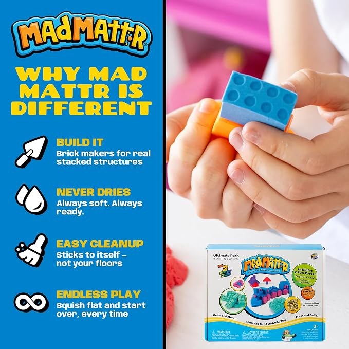 Mad Mattr Ultimate Pack - Never-Dry Sensory Modeling Dough Set for Kids Ages 3 and Up - Non-Toxic Compound with 9 Building Tools, Brick Makers, Extruders, 10 oz