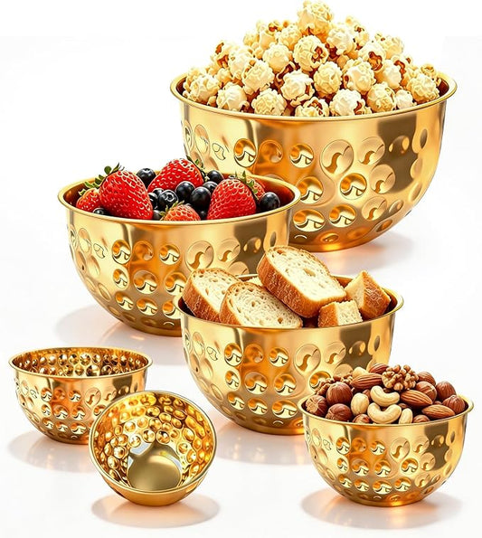 6-Piece Gold Serving Bowls (1.6-4.9 QT), Gold Bowl Set with Hammered Design, Nesting Stainless Steel Mixing Bowls for Movie Night, Party and Home Decor
