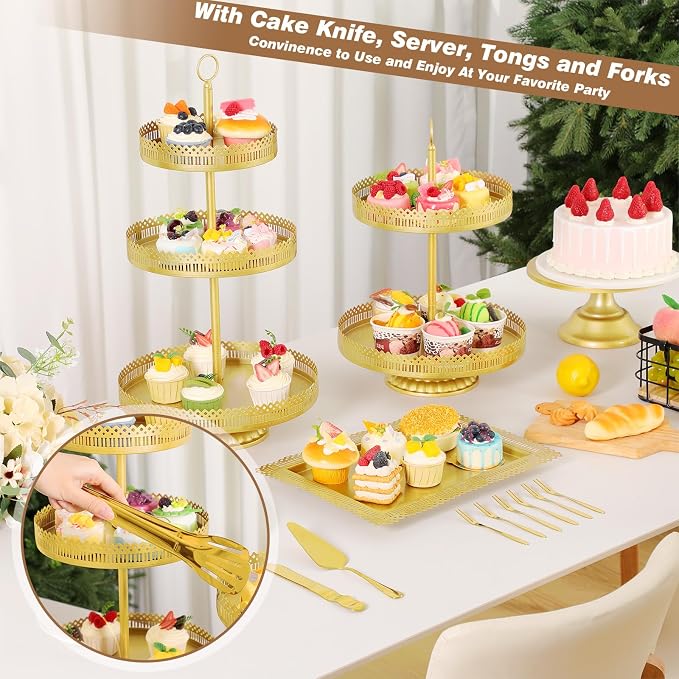 Wenqik 21 Pcs Gold Cake Stand Set Metal Dessert Display Set Tiered Cupcake Holder Square Serving Trays Round Tower Tray Platter for Wedding Birthday Party Celebration (Elegant Style)
