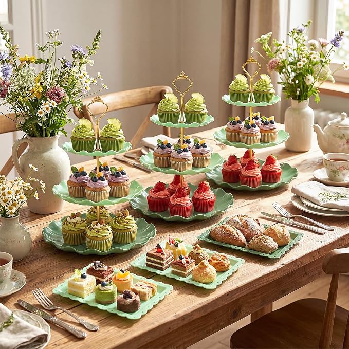 FoldTier 6 Pack Cupcake Stand Set 3 Pcs 3 Tier Gradient Dessert Table Display Stands Cookie Tray Rack 3 X14 in Rectangle Party Trays for Wedding Birthday Tea Party Baby Shower(Green,Round)