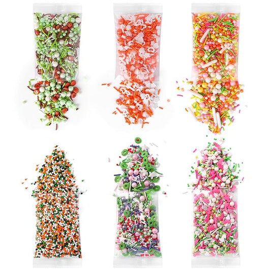 Easter Sprinkles for Cake Decorating, Cupcake, Cookies, Ice Cream Topper, 6 Packs Orange Sprinkles Green Sugar Pearls Candy, Six of assorted Sprinkles for Baking, Perfect for Easter Day Party