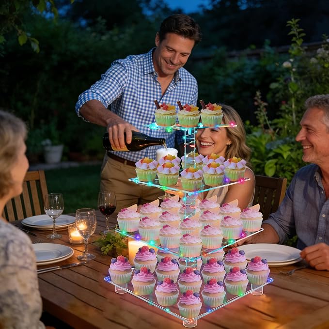YestBuy 4-Tier Acrylic Cupcake Stand for 50 Cupcakes with Colorful LED Lights and 4.7" Clear Tiers, Perfect for Weddings, Birthdays and Dessert Tables
