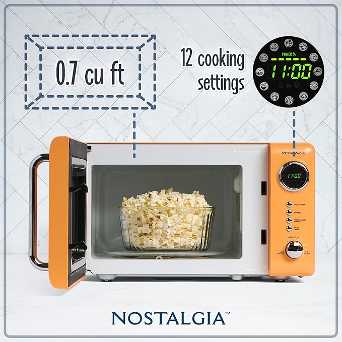 Nostalgia Countertop Microwave Oven with Easy Clean Interior- Retro Microwave with LED Display & Child Lock- Compact 0.7 Cu. Ft Oven With 12 Pre-Programmed Settings for any kitchen-700-Watts-Orange