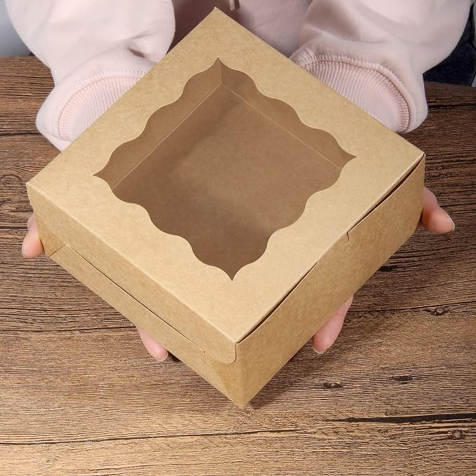 60 pcs Bakery Boxes with Window, 6 x 6 x 3 inches, Kraft Cookie Boxes Pastry Boxes for Baked Goods (Brown)
