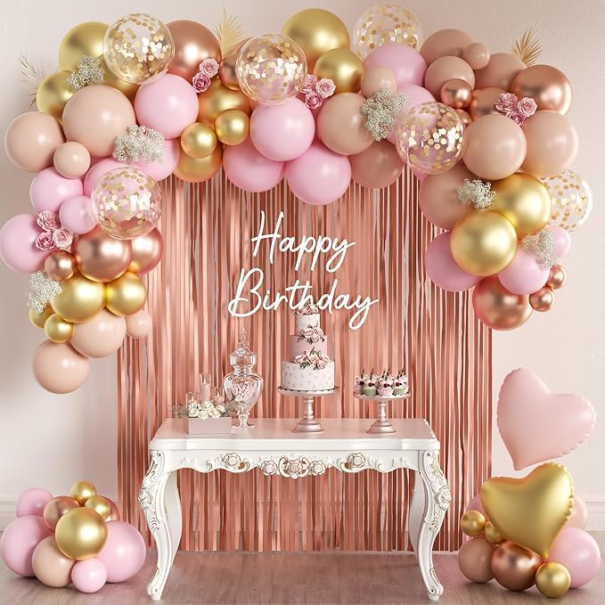 157PCS Rose Gold Balloon Garland Arch Kit with Fringe Curtain for Girls Women Princess Birthday Wedding Baby Bridal Shower Engagement Anniversary Graduation Party Decorations
