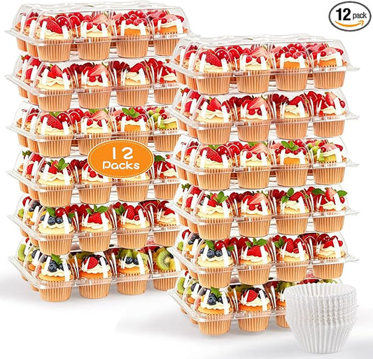 12 Pack x 12 Sets Plastic Cupcake Containers, Stackable Cupcake Boxes Holders with Tall Dome Lid, Disposable Clear Cupcake Carrier Trays for Bakery Transport