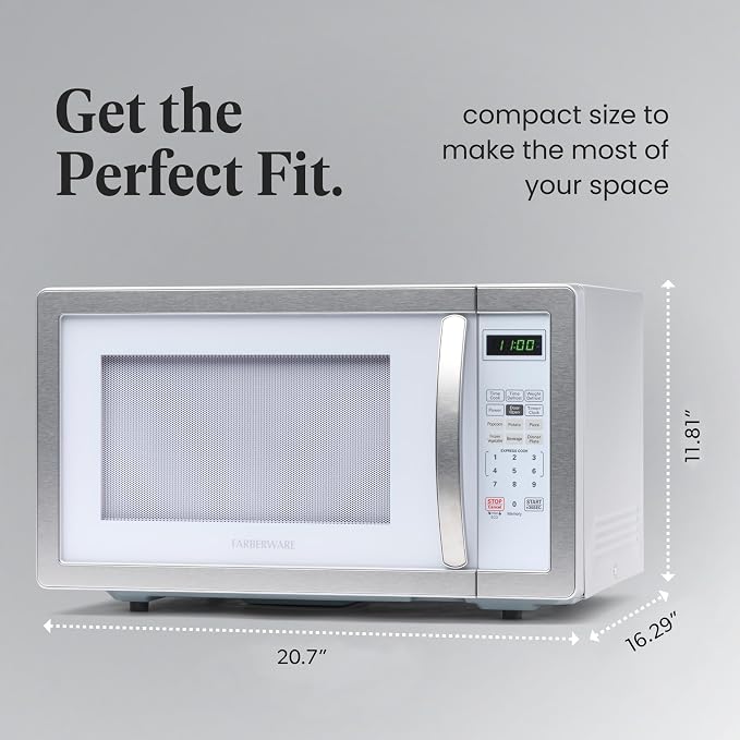 Farberware 1.1 Cu. Ft. Countertop Microwave Oven – 1000 Watts Power, Auto Cook Settings, Defrost, Easy Clean and Child Safety Lock - White Platinum