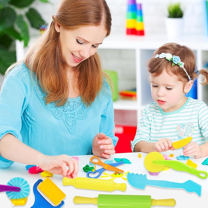 Dough Tool Set, 9 Pcs Basic Dough Tools Kits for Kids, Dough Accessories Includes Cutters Roller, Rolling Pins, Safety Scissors, Plastic Knife