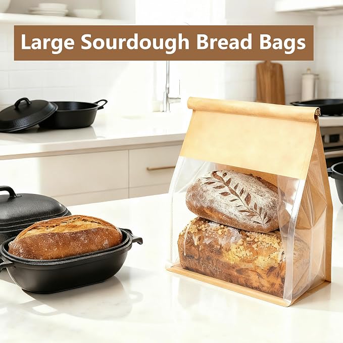 50 Pack Extra Large Paper Bread Bags for Homemade Bread Sourdough Bags, 13.7x10.6x5.5 Inches Resealable Tin Tie Tab Lock Bakery Loaf Bag with Window, Baked Goods Packaging for Gifting and Bake Sale