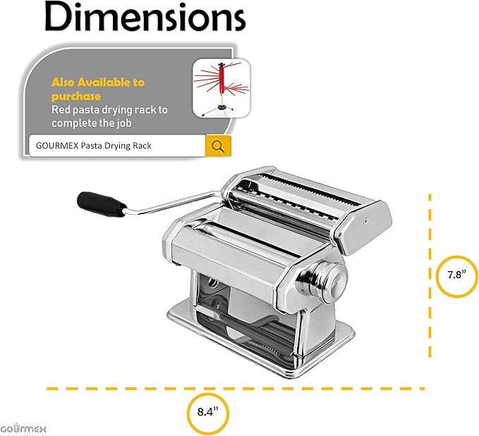 Pasta Maker Machine Stainless Steel Manual | With Adjustable Thickness Settings | Perfect for Homemade Spaghetti Fettuccini Noodles and Lasagna | Includes Removable Handle and Clamp (Silver)