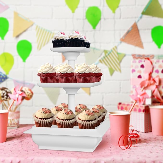 3-Tier Cupcake Stand - Square Display Stand for Birthday, Tea Party, Wedding, or Baby Showers - Dessert Table Display Set (White)