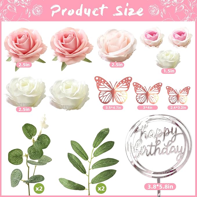 Flower Cake Toppers, Happy Birthday Rose Gold Cake Decorations with Artificial Flowers Butterfly Balls for Wedding Baby Shower Birthday Party Supplies (Pink)