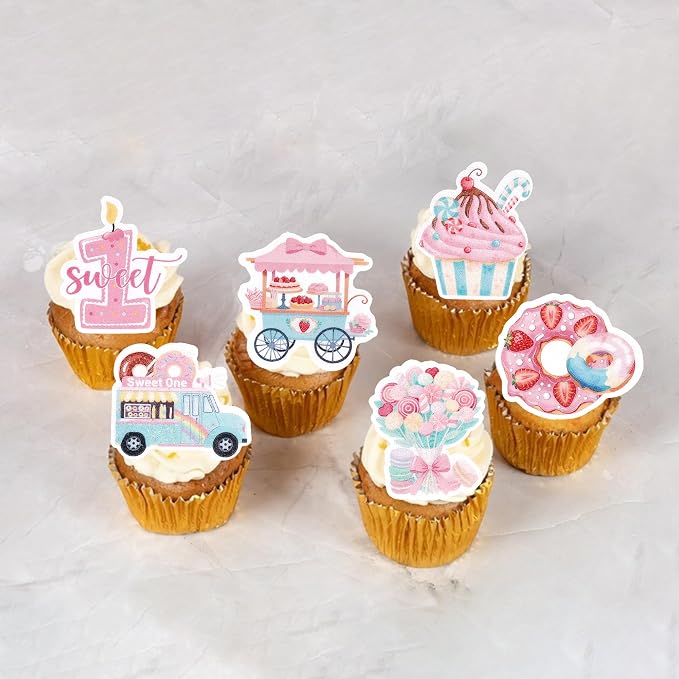 63 PCS Edible Strawberry Cupcake Toppers Sweet One Berry Donut Cupcake Picks Edible Strawberry 1st Birthday Cake Decorations for Baby Shower First Birthday Party Cake Dessert Decorations Supplies