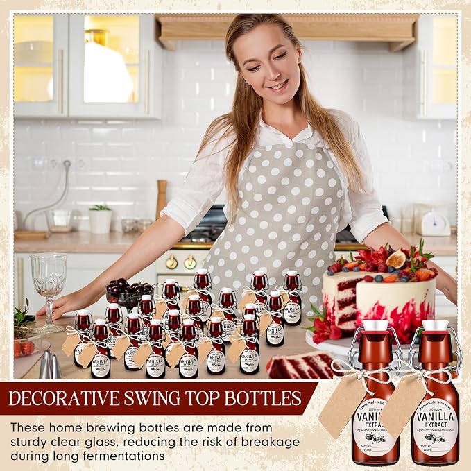 Vesici 12 Sets Swing Top Glass Bottles Set Amber Homemade Vanilla Extract Bottles Vanilla Extract Jars for Christmas DIY Crafts (4 Oz)