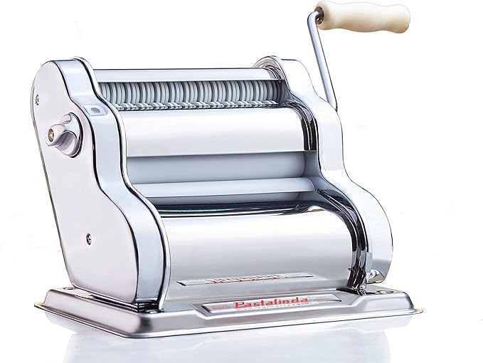 PASTALINDAClassic 200 Pasta Maker Machine, 20 cm Wide Rollers, 9 Thickness Positions, 2 Cutting Positions, Stainless Steel. Includes Reinforced Hand Crank And Two Clamps (Crome)