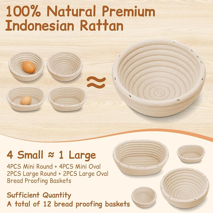 Set of 12 Banneton Bread Proofing Basket with Liner, 5-inch 9-inch Round and 7-inch 10-inch Oval Small Mini Bread Proofing Sourdough Bowl for Sourdough Making, Baking Supplies for Home Bakery