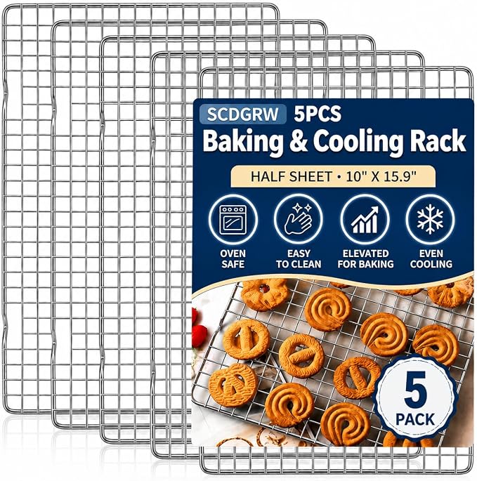 Cooling Rack Set of 5, Heavy Duty Stainless Steel Wire Rack for Baking, Fits Jelly Roll Cookie Sheet Pan, 10" x 16", Oven Safe to 575°F, Warp Resistant, Dishwasher Safe