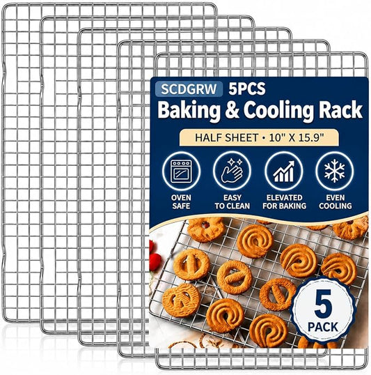 Cooling Rack Set of 5, Heavy Duty Stainless Steel Wire Rack for Baking, Fits Jelly Roll Cookie Sheet Pan, 10" x 16", Oven Safe to 575°F, Warp Resistant, Dishwasher Safe