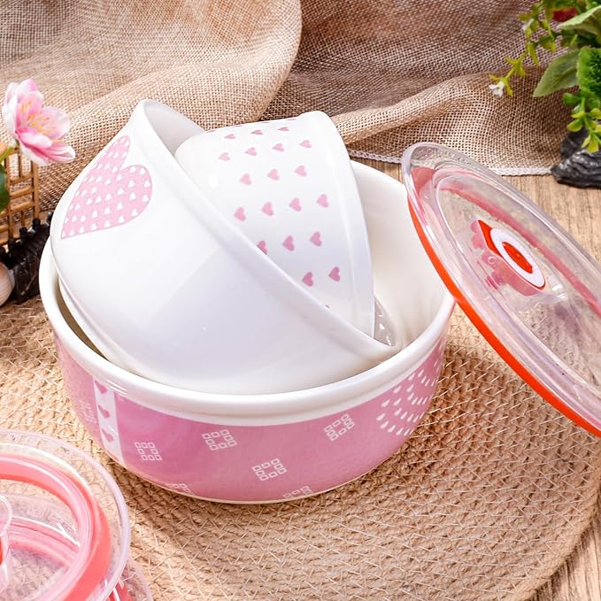 Pink Heart Ceramic Nesting Food Storage Bowls with Lids, Set of 3, Cute Mixing Bowls for Meal Prep, Serving, and Storage, Microwave & Dishwasher Safe