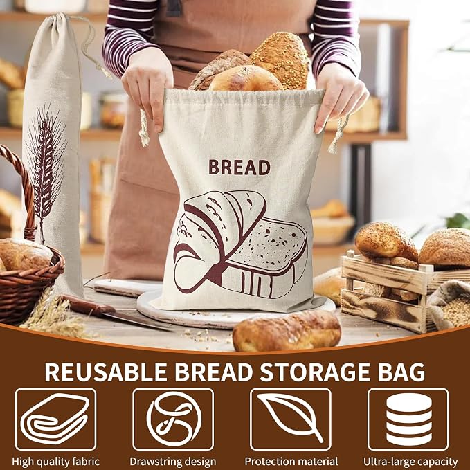 4-Pack Reusable Bread Bags for Homemade Storage, 2-Size Drawstring Pouches (5.9x25.6 & 11.8x15.7 Inch) - Washable Fabric with Secure Closure, Ideal for Sourdough, Artisan Loaves & Gift Packaging