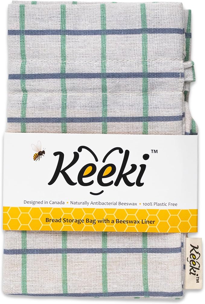 Keeki Bag - The Original Beeswax-Lined Bread Storage Bag (Blue) | Plastic-free Beeswax Wrap Alternative w/ Wide Drawstring Closure, Breathable, Washable Linen for Homemade Artisan Bread