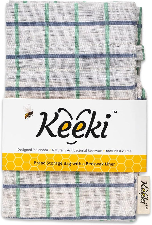 Keeki Bag - The Original Beeswax-Lined Bread Storage Bag (Blue) | Plastic-free Beeswax Wrap Alternative w/ Wide Drawstring Closure, Breathable, Washable Linen for Homemade Artisan Bread