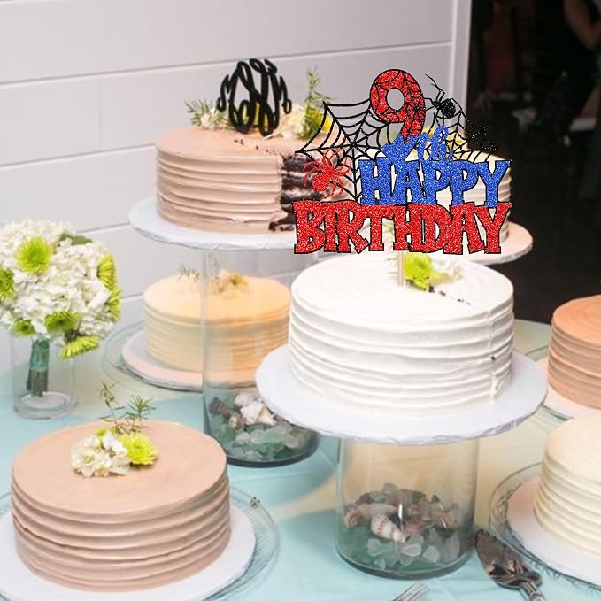 1 PCS Happy 9th Birthday Cake Topper Glitter Spider Web Cheers to 9 Years Nine Birthday Cake Pick Superhero Spider Party Decorations for Boys Girls Happy 9th Birthday Party Cake Decorations Supplies