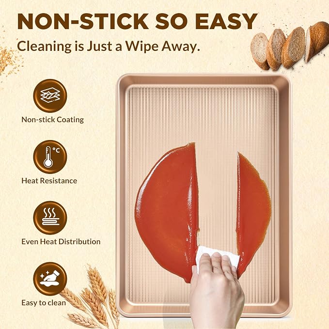 Professional Non-Stick Baking Sheets Set, 3-Piece Heavy Duty Carbon Steel Cookie Sheets with Oven Safe & Even Heating for Baking, Roasting, Cooking (Champagne Gold)