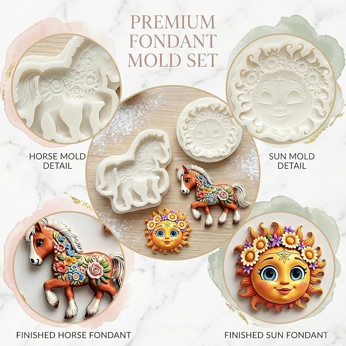 2Pcs Floral Horse Sun Face Silicone Fondant Molds, 3D Pony Sunflower Candy Molds for Cake Decorating Cupcake Toppers Chocolate Resin Soap Clay DIY Baking Sugarcraft Tools Birthday Party