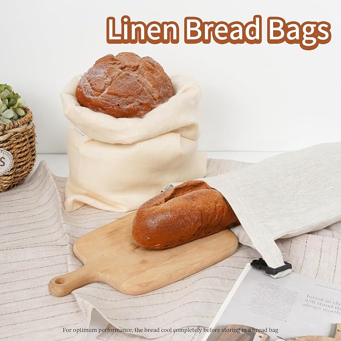 2 Pack 100% Linen Bread Bags for Homemade Bread Sourdough 13 x 19.6 Inch Reusable Bread Storage Bag 7.8 x 28.7 Inch for large Baguette (White)
