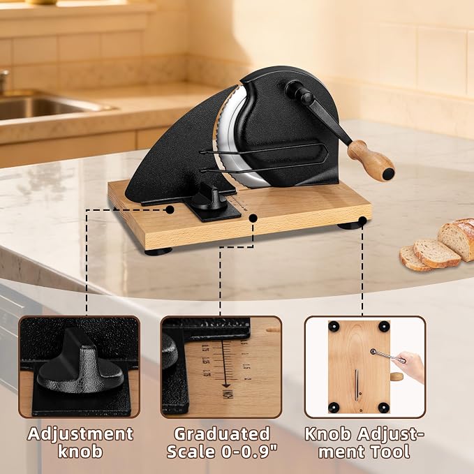 Manual Bread Slicer for Homemade Sourdough Bread Adjustable Thickness Bread Cutter with Hand Crank, Slicing Guide, Scale Line, Stainless Steel Blade & Suction Cups, for Perfect Even Slices (Black)