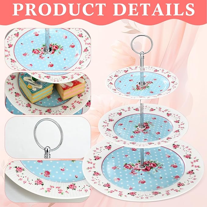 Dandat 4 Pcs 3 Tier Cake Stand Floral Ceramic Afternoon Serving Tray Porcelain Dessert Stand 6" 8" 10" Cake Stand 3 Tier Serving Platter for Tea Party, Wedding and Birthday, 4 Colors