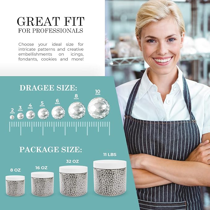 O'Creme Silver Dragees Cake Decorating Supplies for Bakers: Cookie, Cupcake & Icing Toppings, Bright Metallic Sphere Sprinkles Decoration, Certified, Decorating Sugar Ball Accents - 8mm, 32 Oz