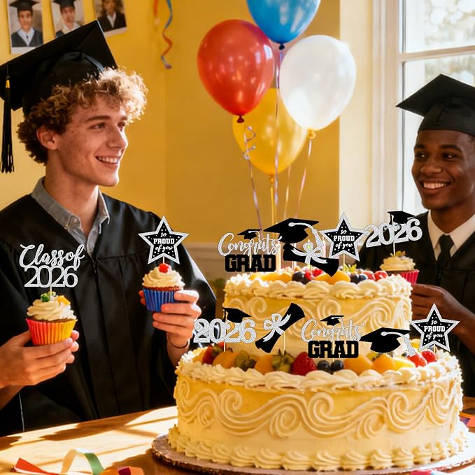 48 PCS Grad Cupcake Toppers, Congrats Graduation Cake Topper, Class of 2026 Black and Silver Graduation Decor, Glittery Cap and Diploma Cake Picks for Grad Party Decorations Supplies