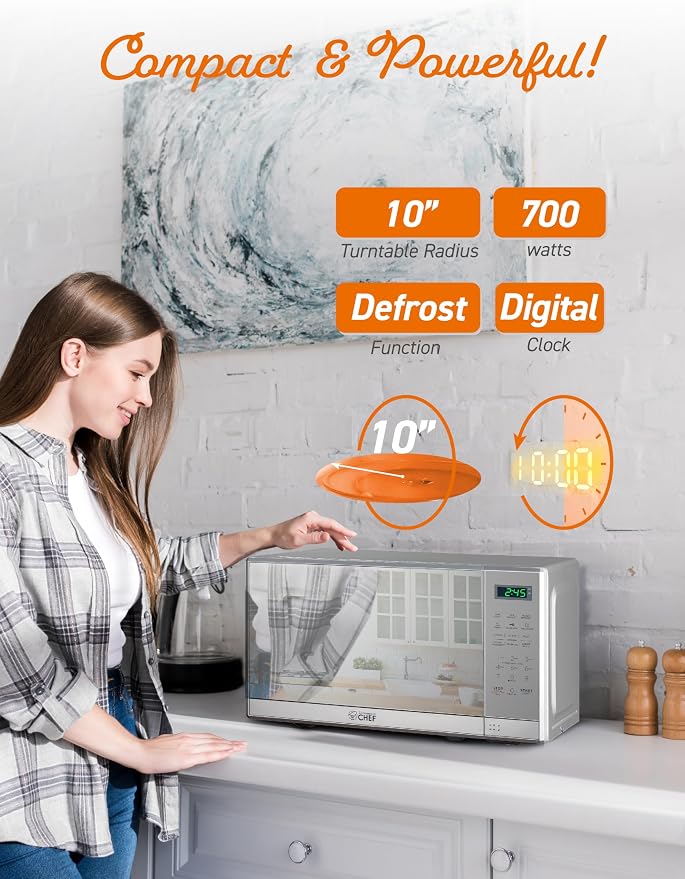 Commercial Chef 0.7 Cu. Ft. Countertop Microwave Oven, Touch Controls with Digital LED Display, 700W Microwave with 10” Turntable Plate, Push Button Door, 10 Power Levels, CHM7MS, Stainless Steel