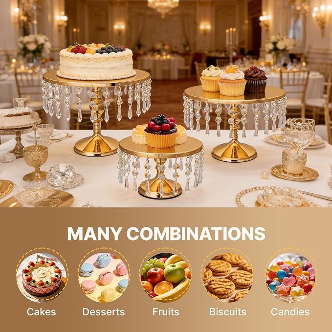 3 PCS Gold Cake Stand Set with Crystal Pendants - Dessert Table Display Set, Dazzling Metal Cake Holder Stand for Wedding, Party, Birthday, Baby Shower, Event Bridal Celebration