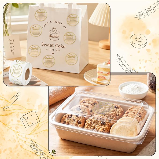 PANTIDE 500 Count Clear Cottage Food Law Labels Transparent PVC Stickers | Homemade with Love, Adhesive Round Decal Roll, Made in a Home Kitchen, for Baked Food Packaging, 2 x 2 Inch, Gold Foil Script
