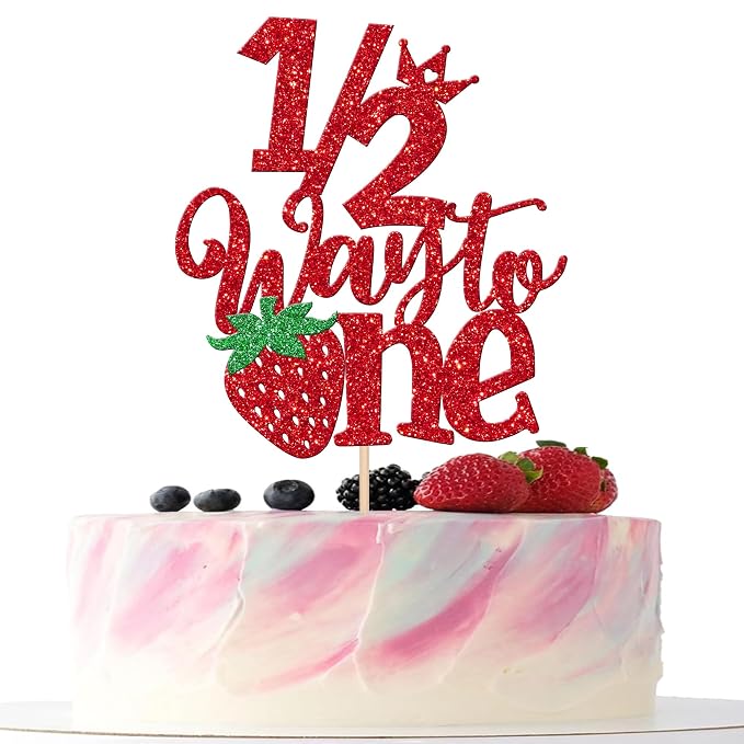 1 PCS Strawberry 1/2 Half Way to One Cake Topper Glitter Berry Sweet Half Way to Go Cake Pick Happy 6 Months Birthday Cake Decoration for Strawberry Theme Baby Shower Birthday Party Supplies Red