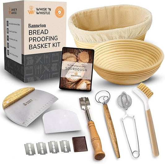 Proofing Basket Set - 9" Round & 10" Oval Baskets - Sourdough Starter Kit - Sourdough Bread Baking Tools and Supplies Include Dough Whisk, Scrapers and Lame