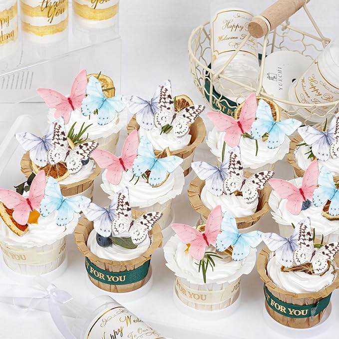 48 PCS Colorful Wafer Paper Butterflies Cake Decorations - Edible Butterfly Cupcake Picks for Baby Shower, Wedding, Birthday Party