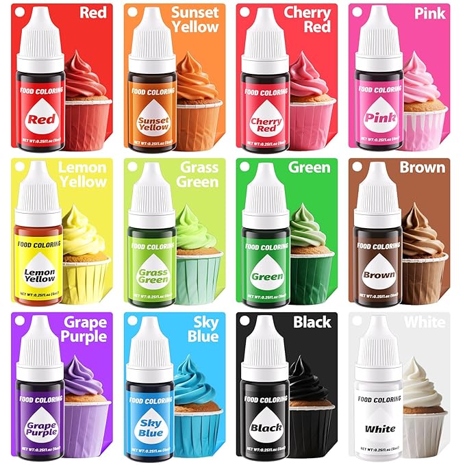 12 Color Gel Food Coloring Liquid Set, KATSPRO Food Grade Tasteless Vibrant Food Coloring Dye for Baking Icing Cake Decorating Cookie Fondant, Frosting, Cookies, Christmas Baking, Easter Egg and DIY Supplies Kit - 0.25 Fl.oz(6ml)/Bottles